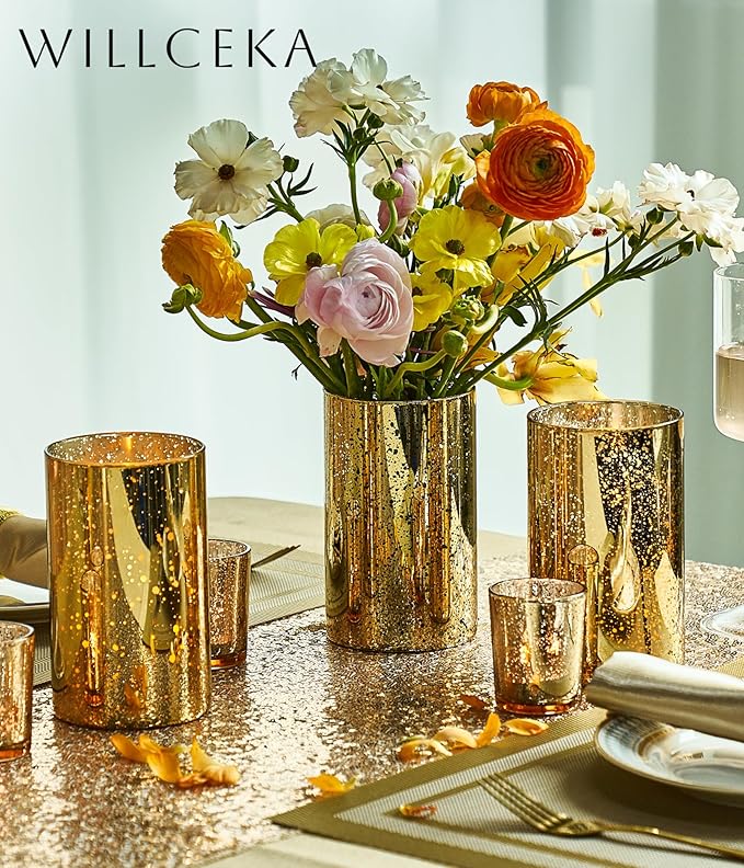 Gold Candle Holder Hurricane Candle Cylinder Vases for Centerpieces Set of 6 for Wedding Table Centerpiece