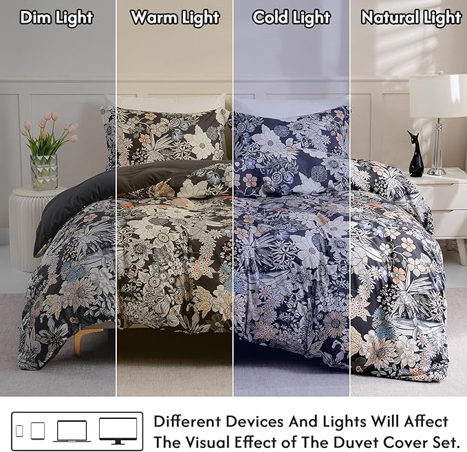 LONAVA King Flower 3 Pcs Duvet Cover Set, Breathable Soft Microfiber Black Lining Comforter Cover with Zipper Closure, and 2 Anti-Pilling, Fade Resistant Pillowcases, Midnight Blossoms