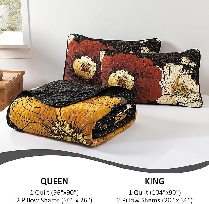 Dintszyayue Black Quilt Set King, 3 Pieces Red Floral Bedspreads Lightweight Coverlet Set for All Seasons, Reversible Quilted Printed Bedding Set with 2 Pillow Shams