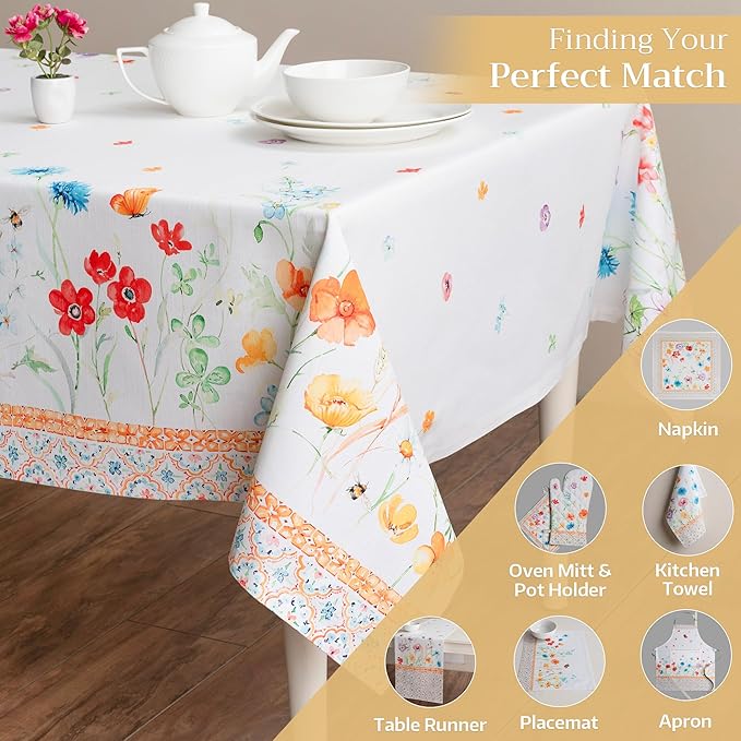 Maison d' Hermine Table Cloth Rectangle Table 100% Cotton 70 x 120 Inches Tablecloth Reusable Decorative for Dining Room, Farmhouse, Home, Party, Festive & Wedding Spring Summer - Summer Whisper
