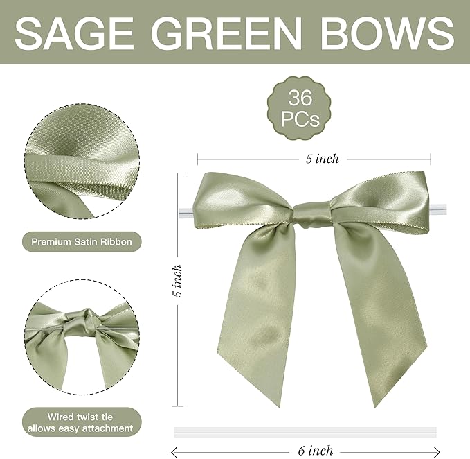 Sage Green Satin Ribbon Twist Tie Bows 5 Inch Pre-Tied Dusty Sage Gift Bows for Crafts, Treat Bags, Party Favors, Wedding, Baby Shower, Candy Apple, Christmas (36 Pack)