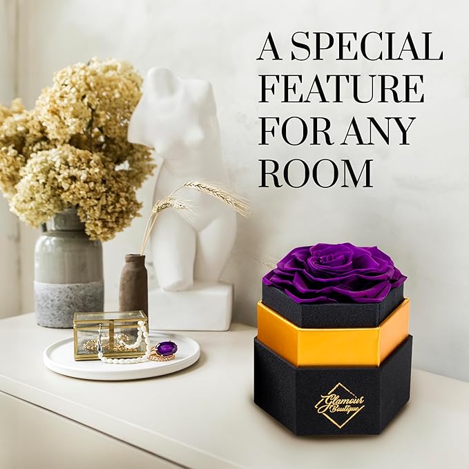 GLAMOUR BOUTIQUE Eternal Preserved Roses in a Box - Flowers Forever, Rose Forever in a Box for Wife, Birthday Gifts for Her, Single Rose, Purple