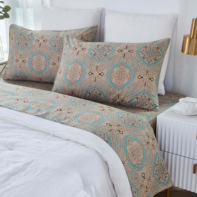 Brandream Paisley Bed Sheets Queen Size Boho Luxury Bedding Bohemian Damask Medallion Sheet Set 800TC Egyptian Cotton Sateen Deep Pocket, 4 Piece, Taupe
