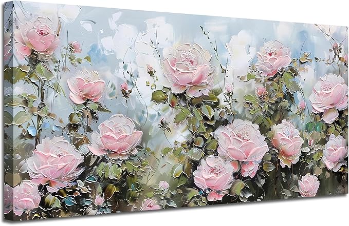 Ardemy Flower Wall Art Canvas Art Wall Decor, Floral Painting Textured Picture Living Room Pink Rose Artwork Large Framed for Bedroom Kitchen Dining Room Home Office Decor 48"x24"