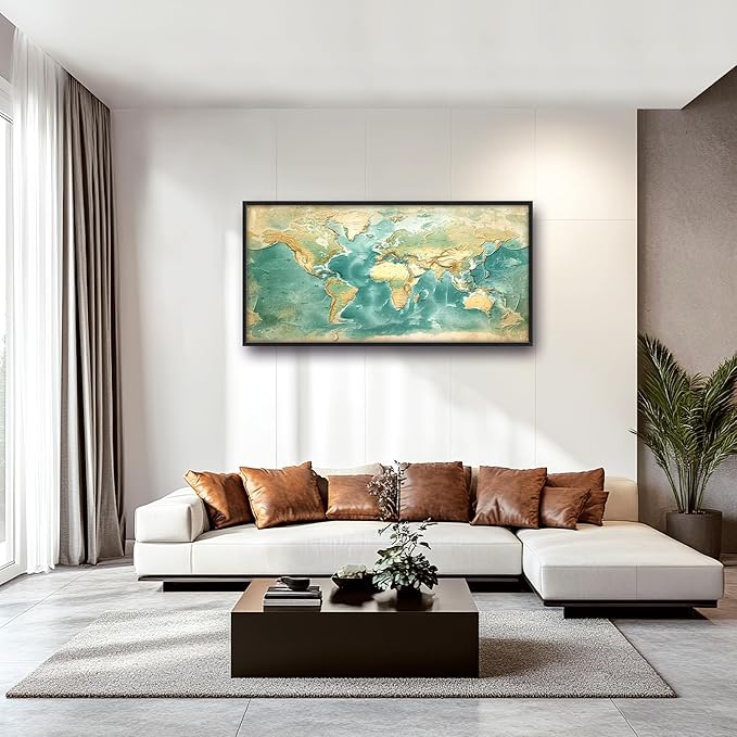 World Map Large Wall Art Framed Wall Decor for Living Room, Map Pictures Oversized Canvas Print Painting Modern Extra Large Framed Artwork for Bedroom Office Home Decor 60"x30"