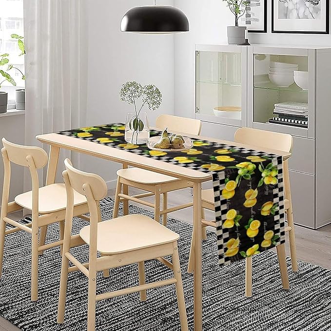 Lemon Table Runner, Summer Yellow Fruits Green Leaves Kitchen Dinning Table Decoration for Indoor Outdoor Home Party Decor 13x36 Inch
