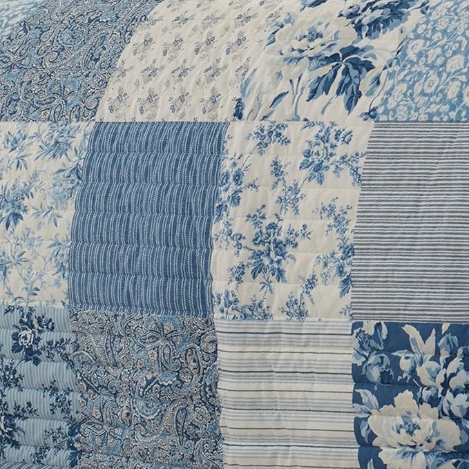 Laura Ashley - Twin Quilt Set, Reversible Cotton Bedding with Matching Sham, Medium-Weight for Year Round Use, Dorm Essentials (Paisley Printed Patchwork Blue)