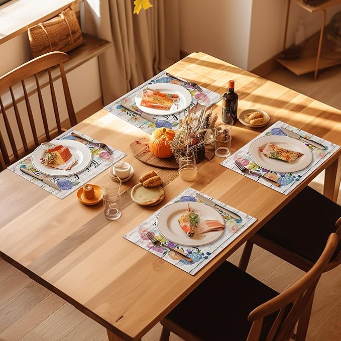 Wooden Flower Love Placemats Set of 4, Linen Place Mats Heat Resistant Non-Slip Washable Table Mats for Dining Kitchen Party Decor 12"x18"
