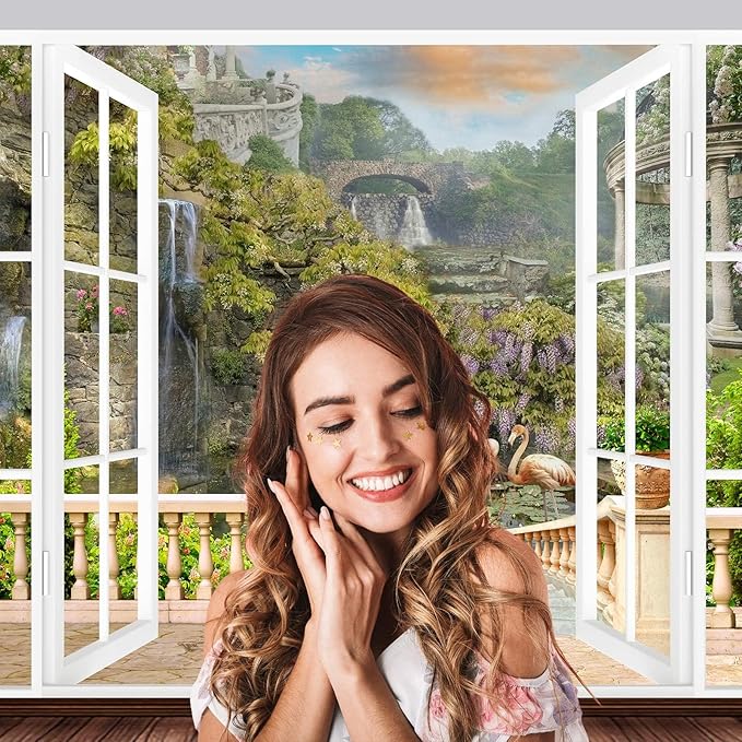 Window Scenery Backdrop White Windowsill Floral Garden Green Forest Natural Rock Stone Photography Background Garden Style Family Union Party Banner Wall Decor Photo Shoot Booth Props 15x10ft