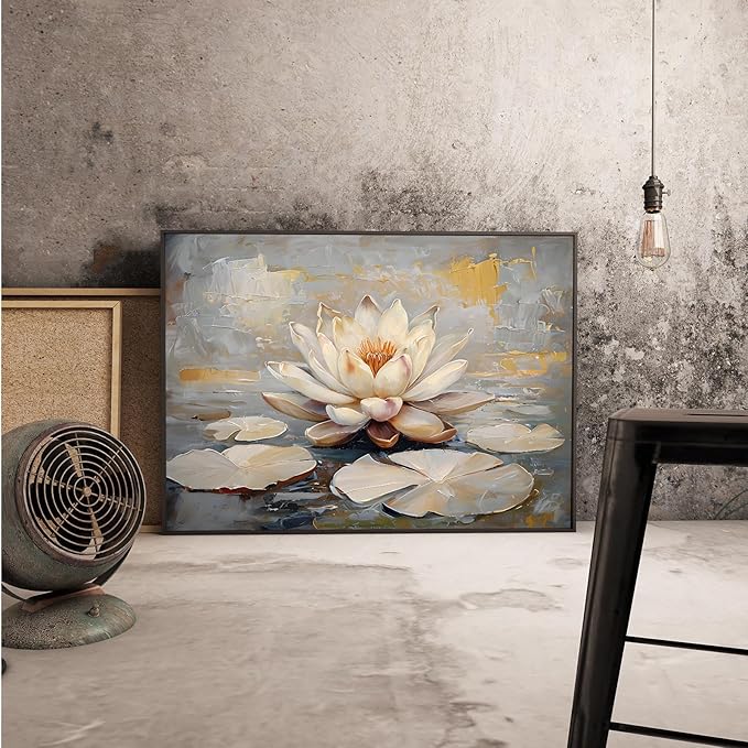 Ethereal white lotus floating on Crystal Waters poster vintage oil painting printwall art soft blush and gold accents serene home and office decor dreamy 12x18in Metal blackFramed
