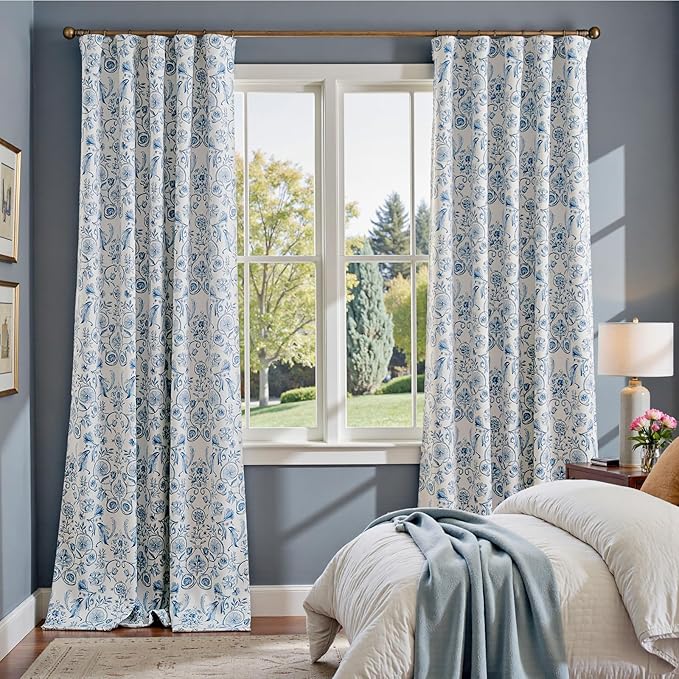 jinchan Floral Blackout Curtains for Bedroom Living Room 96 Inches Length Farmhouse Curtains Room Darkening Vintage Drapes Traditional Rod Pocket Window Treatment 2 Panels Set Blue on Beige