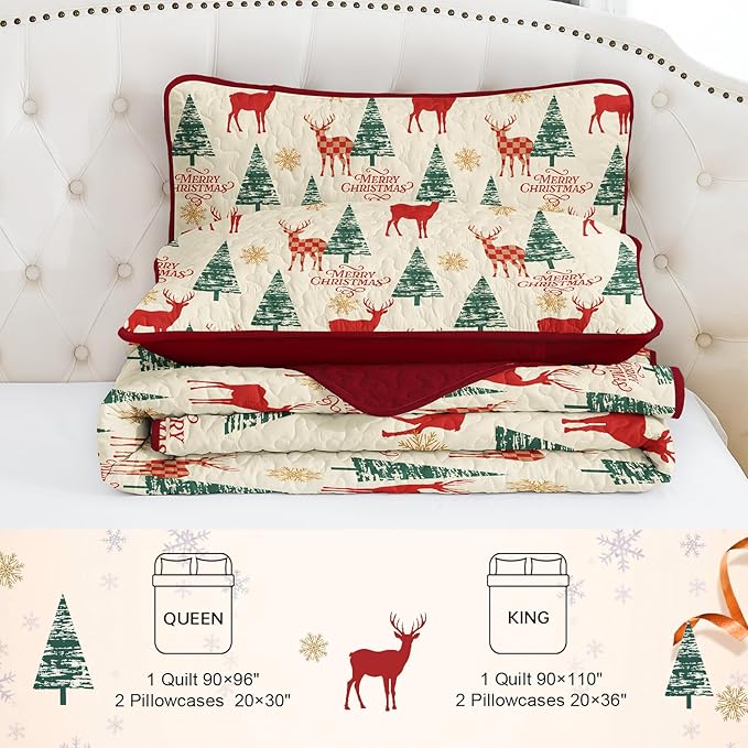 Dinjoy Red Beige Quilt Set King Size,Christmas Quilt Bedding Set Soft Bedspreads with 2 Pillowshams Lightweight Snowflake Xmas Gifts Wildlife Bed Coverlet for Kids Teens Adults 90" x 104"