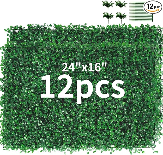 12 Pieces 24"x 16" Artificial Boxwood Panel, Grass Wall Panel, Boxwood Hedge Wall Panels UV Protected Suitable for Artificial Green Wall Decor, Fence Garden Wedding Backyard Decor