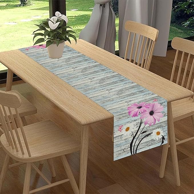 Farmhouse Table Runner, Abstract Daisy Flower Rustic Old Wood Farmhouse Print Table Runner for Home Indoor Outdoor Party Wedding Decor 13x72 inch