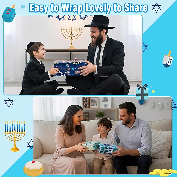 Hanukkah Wrapping Paper (4 Rolls, 93 sq. ft. ttl) Menorahs, Dreidels, Stripe and Star of David Design for Holiday Gift Wrap - Traditional Hanukkah Elements Collection - 17 Inches x 16.5 Feet Per Roll