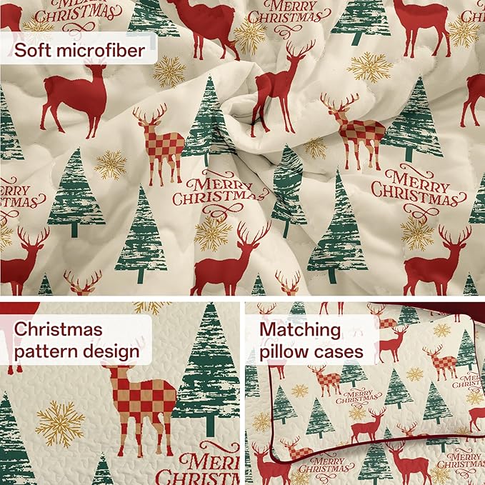Dinjoy Red Beige Quilt Set King Size,Christmas Quilt Bedding Set Soft Bedspreads with 2 Pillowshams Lightweight Snowflake Xmas Gifts Wildlife Bed Coverlet for Kids Teens Adults 90" x 104"
