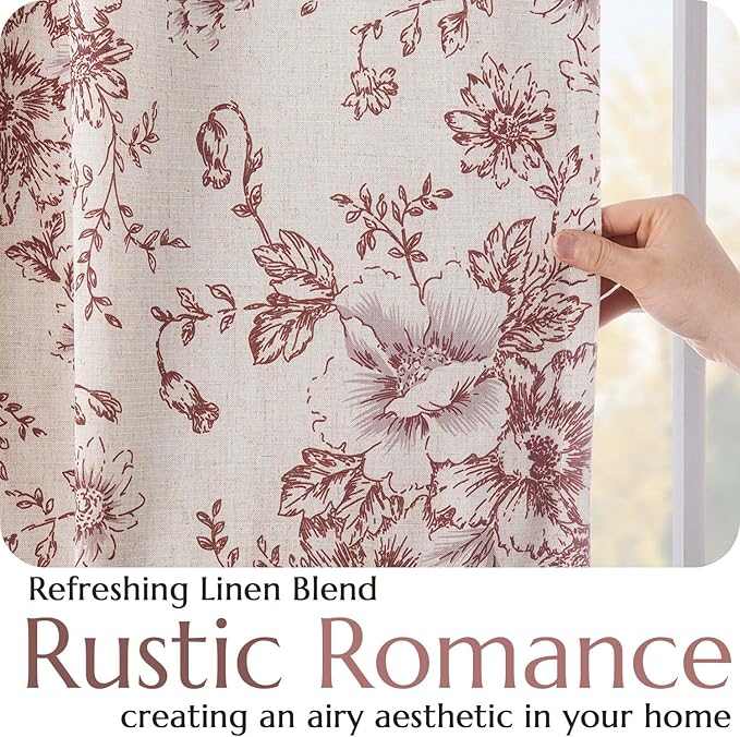 jinchan Blackout Floral Curtains Linen Blend Curtain for Living Room 96 Inch Length Christmas Brick Red Flower Printed Drapes for Bedroom Rod Pocket Back Tab Farmhouse Curtains Set 2 Panels