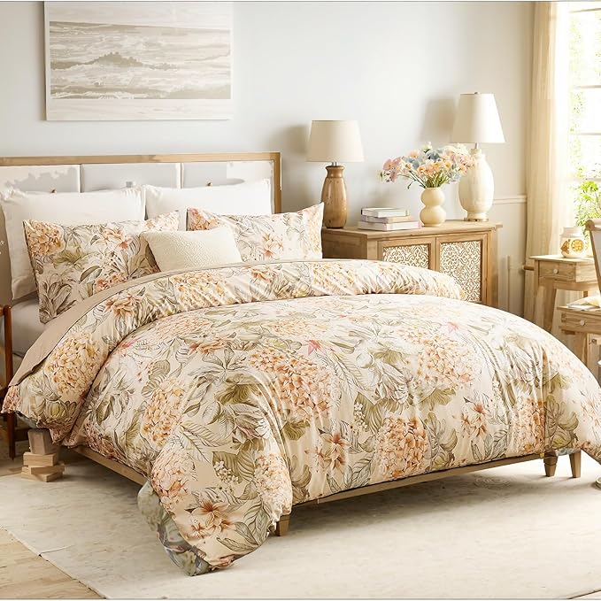 100% Cotton Duvet Cover Queen Size – Hydrangea Lily Floral Duvet Cover Set with Zipper Closure & Corner Ties, 3-Piece Silky Soft & Breathable Apricot Bedding Set for All Seasons