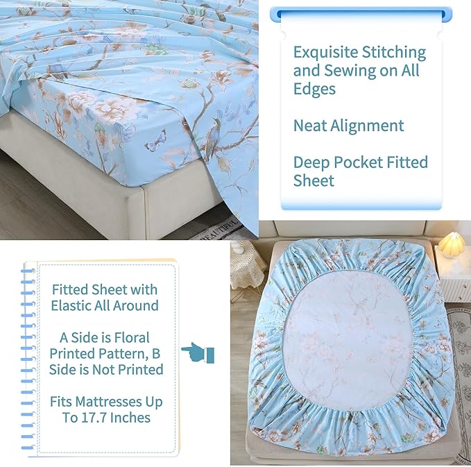 RYNGHIPY Egyptian Cotton Bed Sheet Set Blue Bird Botanical Pattern Bed Sheets Deep Pocket Fitted Sheet Tree Branches Print Bedding Soft Breathable (Light Blue,Queen Size)