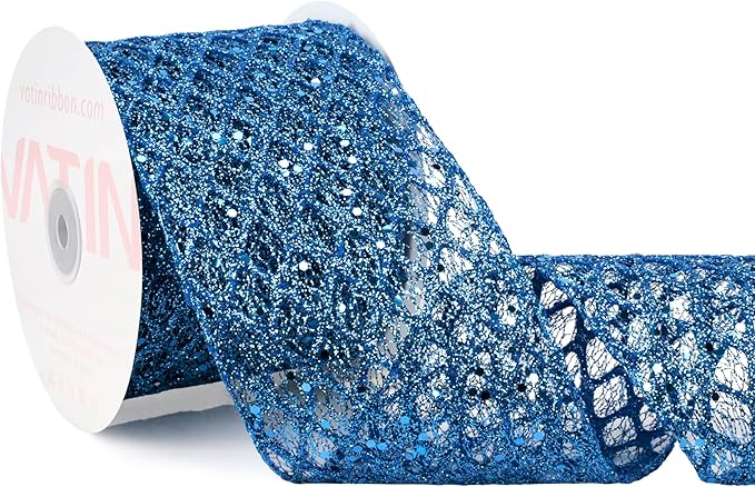 VATIN 4" Blue Christmas Ribbon, Blue Glitter Mesh Diamond Web Sequin Dots Wired Christmas Ribbon for Gift Wrapping Bow Making Wreath Supply-10 Yards