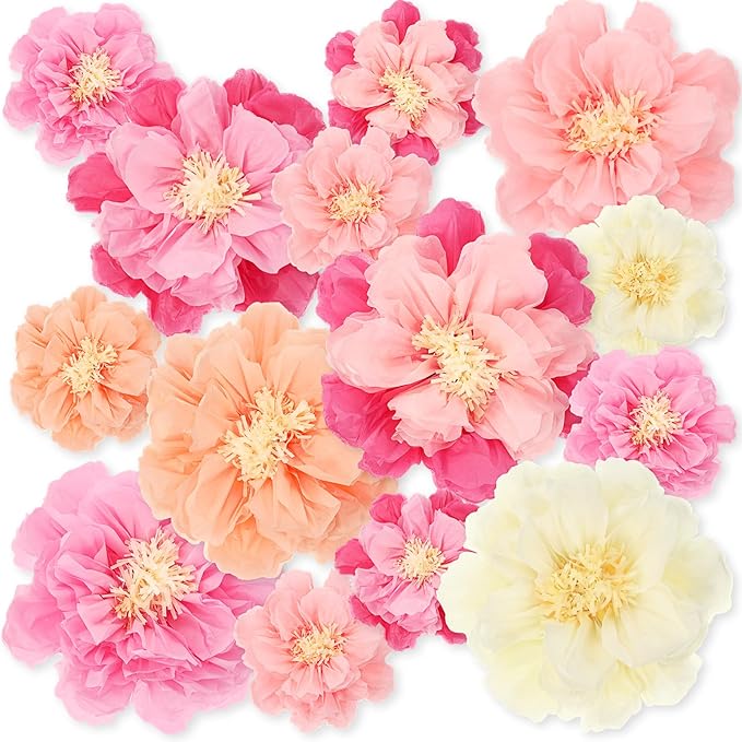 MotiMind 12 Pcs Large Colorful Tissue Paper Flowers 20" 10'' Giant Fiesta Paper Flowers Mexican Pom for Carnival Party Wall Backdrop Decoration Wedding Birthday (Gradient Pink)