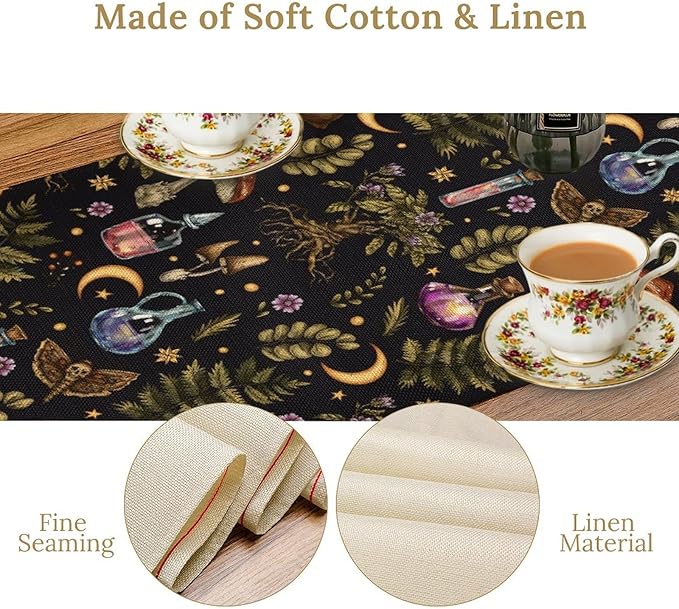 Vintage Mystical Witch Table Runner, Magic Poison Vials Rustic Forest Plants Wild Mushroom Moth Print Table Runner for Kitchen Dining Home Decor Wreath Party Decoration, 13x60inch