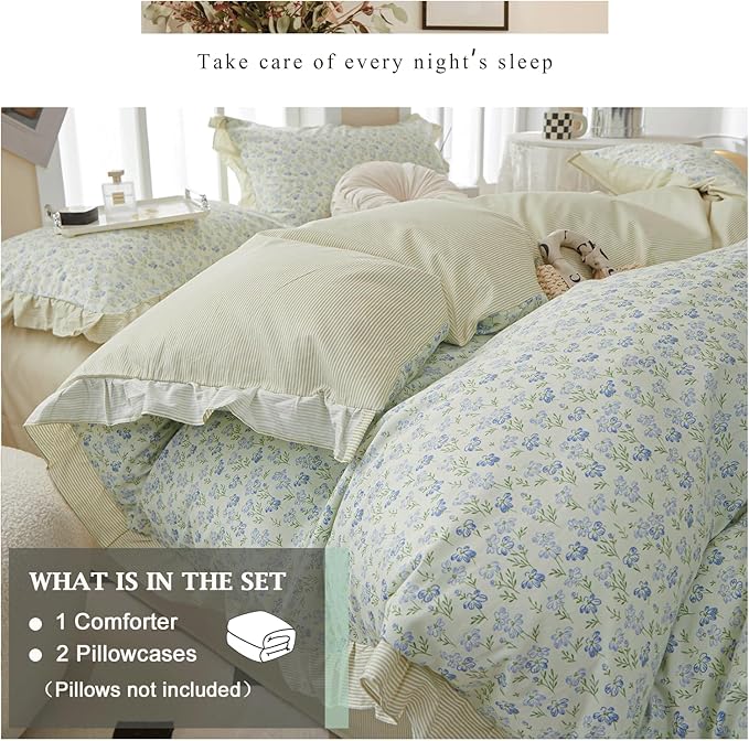VM VOUGEMARKET Green Stripes Lace Comforter Set Full Reversible Ruffle Bedding Set Vintage Fresh Blue Flower Comforter with 2 Pillow Shams for Teen Girls(3pcs,Full)