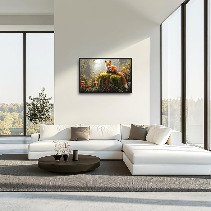 Forest Fox Large Wall Art Framed Rustic Wall Decor for Living Room Fox Mushroom Pictures Oversized Canvas Print Painting Modern Extra Large Framed Artwork for Bedroom Office 36"x24"