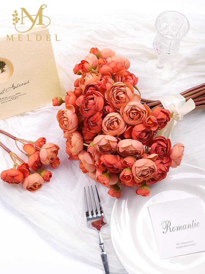 Meldel 32Pcs Ranunculus Artificial Flower, Burnt Orange Faux Ranunculus Flowers for DIY Bouquet, Rose Bulk Fake Peony Wedding Filler Flowers for Centerpieces Arrangements Bridal Shower Decorations