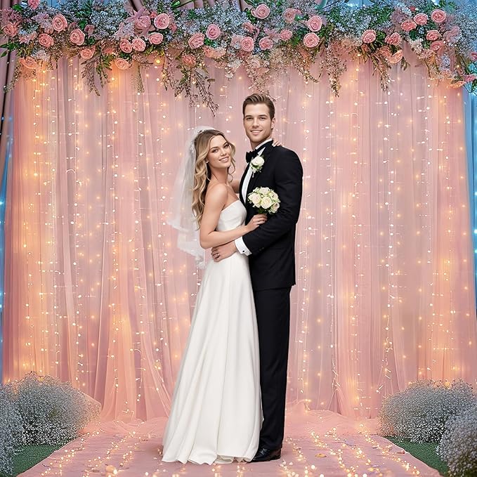 20x10ft Peach Tulle Backdrop Curtain with Lights String for Parites, Sheer Backdrop Curtains for Wedding Baby Shower Birthday Party Photo Shoot Decorations
