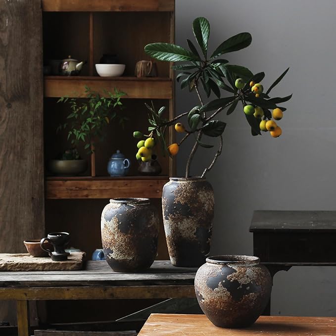Denique Rustic Vase for Home Decor, Farmhouse Terracotta Vases, Large Ceramic Vase for Living Room Decor, Black Pottery Vase Large Clay Vase, Rustic Farmhouse Tabletop Decor(B-22cm)