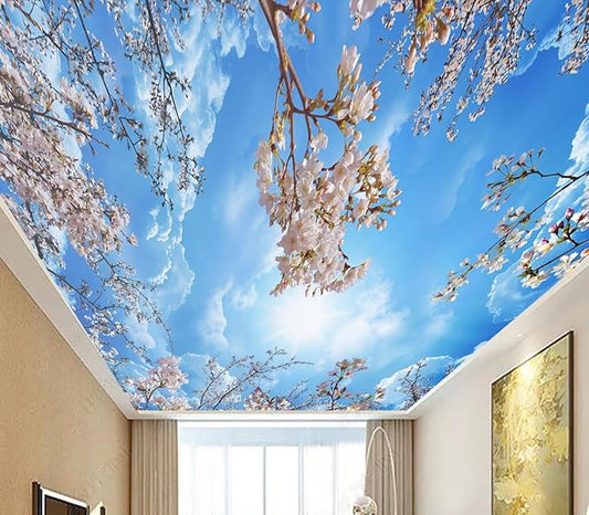 Eierme-Pink Cherry Blossoms and Blue Sky and White Clouds Ceiling Peel and Stick 160" x 114"