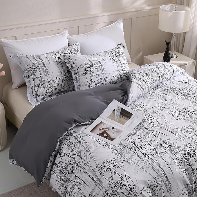 LONAVA King Botaincal 3 Pcs Duvet Cover Set, Breathable Soft Microfiber Deep Grey Lining Comforter Cover with Zipper Closure, and 2 Anti-Pilling, Fade Resistant Pillowcases, Winter Forest