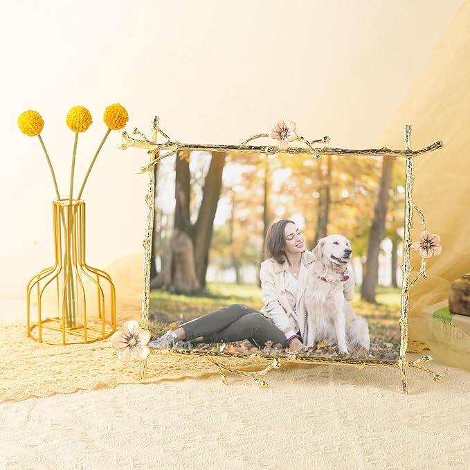 8x10 Gold Pink Flowers Picture Frame Art Decor Ornate Floral Metal Photo Frames High Definition Glass Front Tabletop Display, Gifts Ideas for Women on Weeding