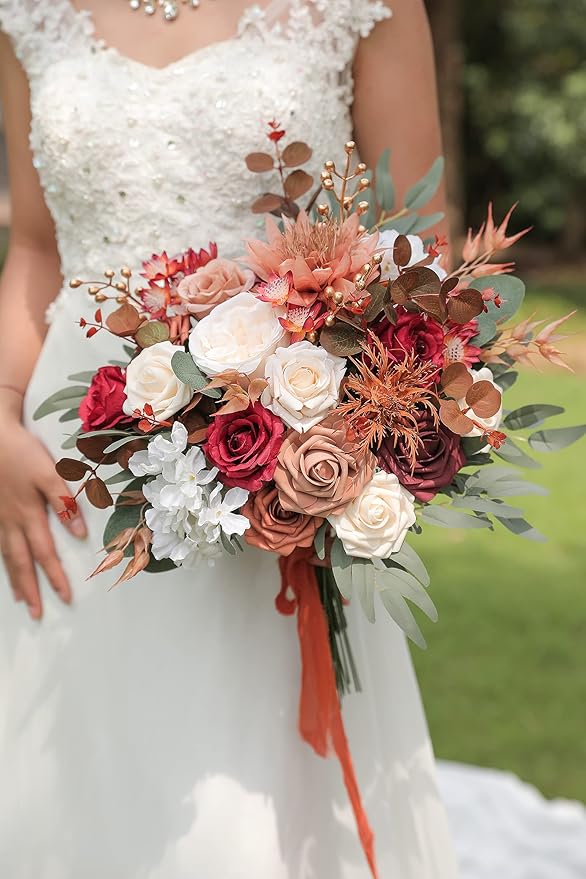 Artificial Flower Box Set Silk Fake Flowers for DIY Wedding Hand Bouquet Flower Arrangement Bouquet Centerpiece Decorations Baby Shower Party Home Decorations (Burgundy)