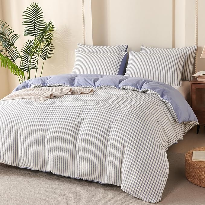 King Size Duvet Cover Blue Striped Washed Microfiber Jacquard 3 Pieces Bedding Set, White Blue Vertical Ticking Stripes Pattern Comforter Cover with Zipper Closure Breathable Durable Soft Comfy