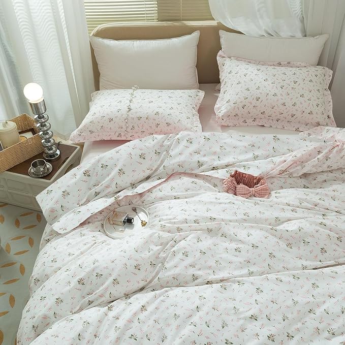HighBuy Vintage Floral Comforter Set King Size White Pink Floral Bedding Sets Aesthetic Chic Flower Botanical Comforter Set for King Bed,1 Pink Floral Comforter with 2 Pillowcases,All Season