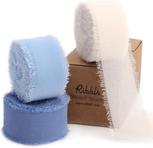 Ribbli Blue Ribbon 1 Inch x 3 Rolls Total 24 Yards Cream/Blue/Dusty Blue Handmade Fringe Chiffon Silk Ribbon for Wrapping Wedding Invitations Bridal Bouquets DIY Crafts Home Decor