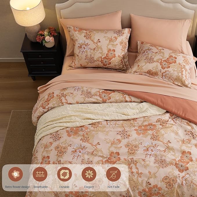 Full Comforter Set -7 Pieces Terrecotta Floral Comforter Set for All Seasons, Bed in a Bag Full with Botanical Flowers Comforter, Sheets, Pillowcases & Shams