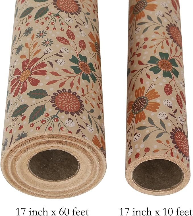 Aimyoo Floral Kraft Wrapping Paper Jumbo Roll, All Occasion Vintage Flower Gift Wrap for Wedding Birthday Bridal Shower, 17 inch x 60 ft
