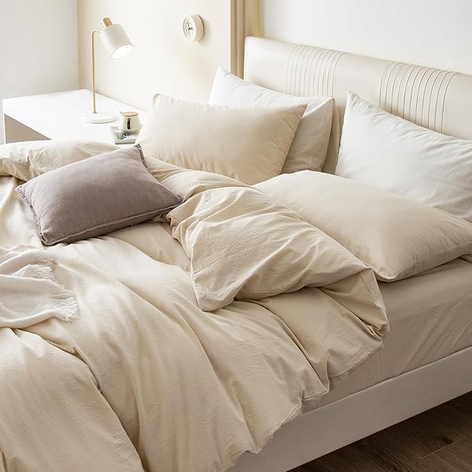 JIYUAN 100% Washed Cotton Duvet Cover Set 3 Pieces Full, 1 Duvet Cover 80x90 Inches(Comforter Not Included) and 2 Pillowcases,Linen Feel Bedding Set Comfy and Breathable,Heathered Beige