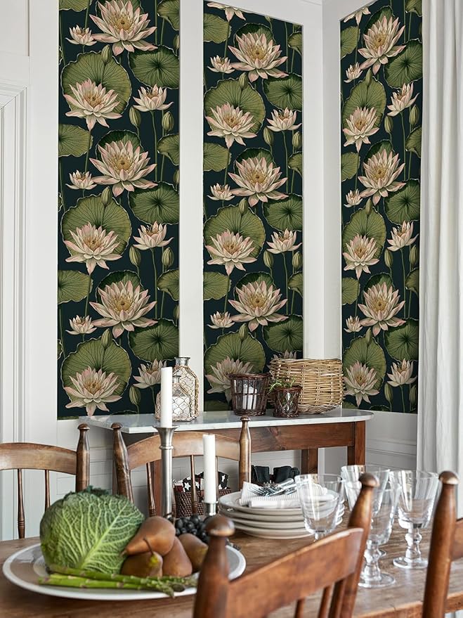 Orainege Vintage Floral Peel and Stick Wallpaper Floral Contact Paper 16.9"x196.8" Lotus Leaf Wallpaper Peel and Stick Self Adhesive Wall Paper for Bedroom Bathroom Covering Wall Decorative
