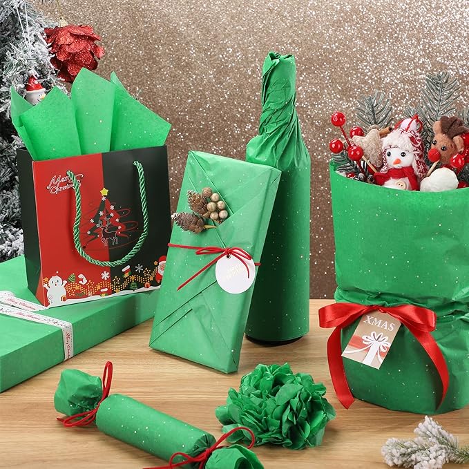 135 Sheets Green Tissue Paper for Gift Bags 20 x 14 Inch Glitter Tissue Paper Bulk for Art DIY Crafts Christmas Wedding Birthday Holiday Decor