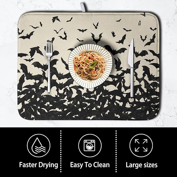 Halloween Bats Halloween Dish Drying Mat for Kitchen Counter 18x24 Inch Microfiber Absorbent Drying Mats Washable Dishes Drainer Mats Reusable Dish Rack Pad for Coffee Bar