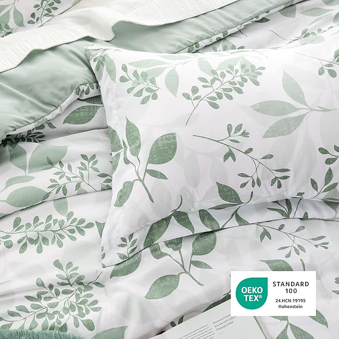 Bedsure Comforter Set Queen Size - Cute Floral Bedding Comforter Set, 3 Pieces, 1 Soft Reversible Sage Green Botanical Flowers Comforter and 2 Pillow Shams