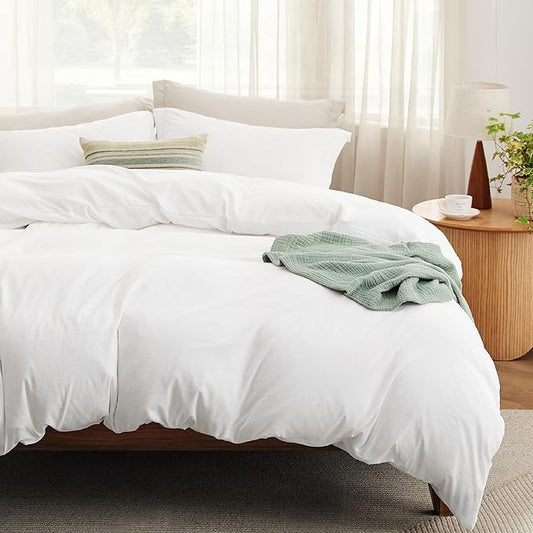 Bedsure California King Size Duvet Cover with Fitted Sheet - 4 Pieces Prewashed Cotton-Like Extra Soft Bedding Set, Includes 1 Duvet Cover 104x98 Inches, 2 Pillow Shams, 1 Fitted Sheet, White