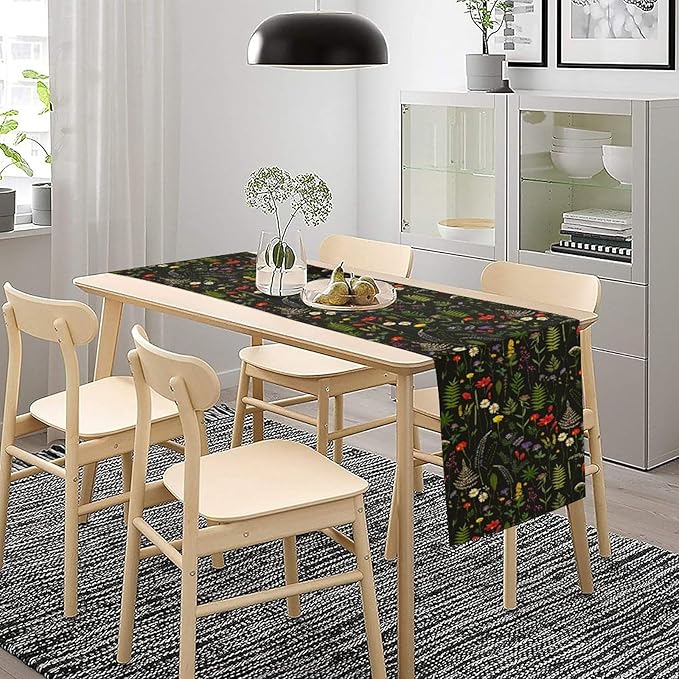 Rustic Field Table Runner, Vintage Farmhouse Natural Forest Wildflowers Plants Herb Print Kitchen Dining Table Decor Seasonal Home Decoration Indoor Outdoor Party, 13x60inch