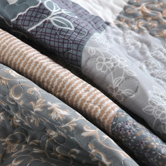 HoneiLife Quilt Set King Size - 3 Piece Microfiber Reversible Bedspreads Patchwork Coverlets Floral Bedding Set All Season Quilts-Grey Rose
