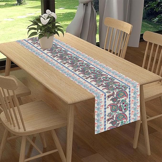 Vintage Paisley Table Runner, Rustic Pink White Paisley Floral Retro Boho Art Table Center Decor for Family Kitchen Farmhouse Holiday Party Table Decorations Indoor Outdoor 13x90 inch