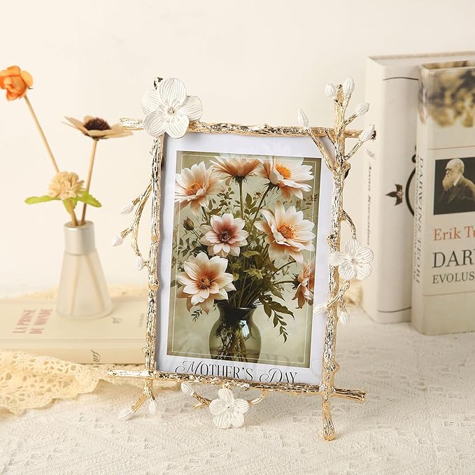 Gold 5x7 Picture Frame Decor Ornate White Floral Photo Frames with High Definition Glass Front, Art Decor Tabletop Display, Gifts Ideas for Women, Horizontally & Vertically